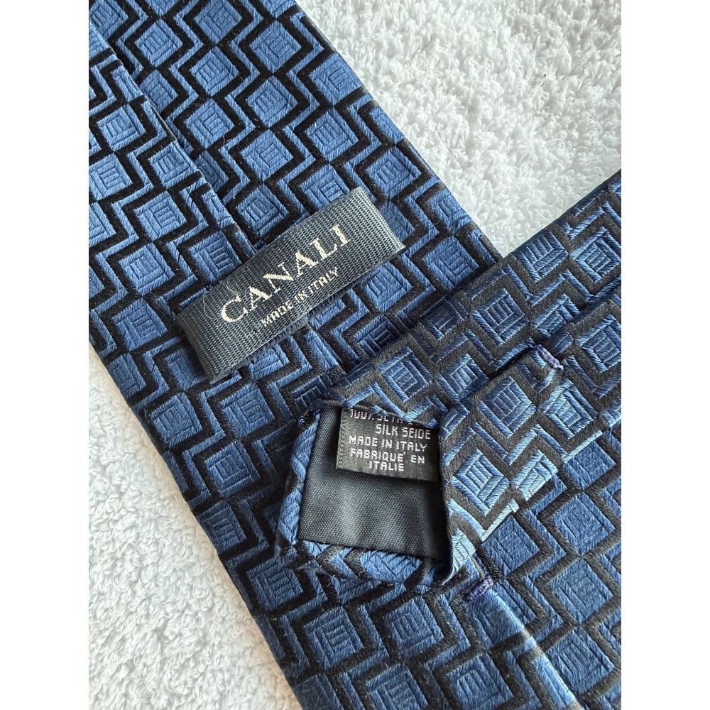 Canali	Black Blue Step Geometric Woven Jacquard 100% Silk Tie Necktie Made Italy